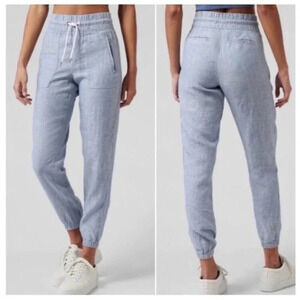 Athleta Linen Cabo Jogger Pants Blue Chambray Travel Beach Outdoor Summer Size 8